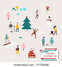 Ilustración de vectores para personas pequeñas, Ilustración de feriados planos vectoriales, Elementos Pastel de Navidad, Fondo de celebración de fiestas, Tarjeta de felicitación, Fondo de diseño plano simple