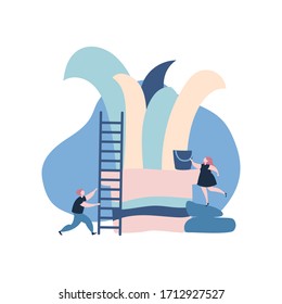 Small people are watering plants in pots. Tiny people gardeners growing big potted plants. Spring gardening, plant care concepts for web banner, website page. Colorful cartoon vector illustration
