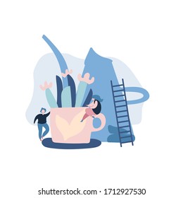 Small people are watering plants in pots. Tiny people gardeners growing big potted plants. Spring gardening, plant care concepts for web banner, website page. Colorful cartoon vector illustration