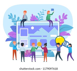 Small people working around big screen with website. Web application creation process, team. Business poster for presentation, social media, banner, web page. Flat design vector illustration