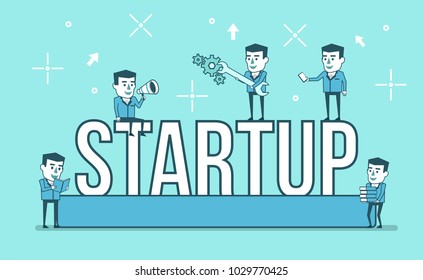 Small people working around startup word. New business team, startup concept. Simple style vector illustration