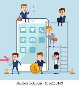 Small people working, creating mobile application. Business team, teamwork. Flat design vector illustration