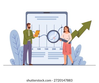 Kleine Leute, die mit Grafiken auf dem großen Bildschirm arbeiten. Vektor Frau halten Lupe versucht, Problemlösung zu finden. Strategische Analyse von Geschäftsprodukten in Benchmark-Performance