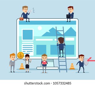 Small people working on website. Web application construction team. Flat design vector illustration