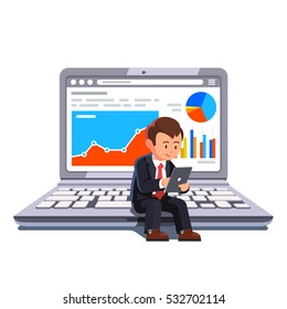 Small person business man trader sitting on big laptop computer showing statistical business data charts. Businessman tapping tablet pc holding in hands. Flat style concept vector illustration.