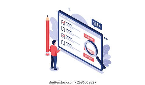 Uma pessoa pequena está olhando para uma tela grande de computador com uma lista de verificação nela e uma lupa examinando a tela.