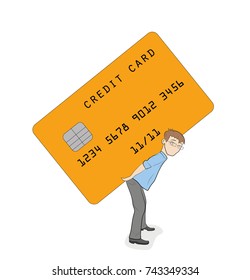 a small person is standing under the load of a credit card. concept of heavy credit conditions. vector illustration.