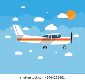 Small personal airplane in air with sky, clouds and sun. vector illustration in flat style