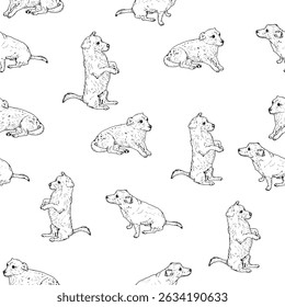 A small pet dog sits and lies, sketched in black and white ink. Vector illustration. Seamless pattern with puppies, isolated on a white background. The drawing is made in a strict style.