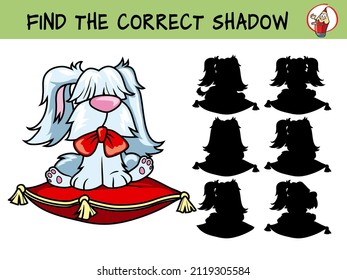 Small pet dog sitting on a pillow. Find the correct shadow. Educational matching game for children. Cartoon vector illustration