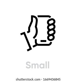 Small phone specs tech vector editable line icon. Man hand holds a small phone, smartphone. Simple single pictogram isolated on white background. Pictogram for website, mobile application.