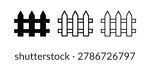 Small picket fence icon set in solid glyph and outline styles. Garden barrier or decorative fence symbol on white background.