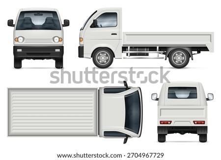 Small pickup truck vector mockup for vehicle branding, corporate identity. View from the side, front, rear and top. All elements in the groups are in separate layers for easy editing and recolor