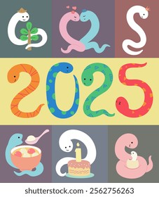 Small pictures of various snakes with festive illustrations