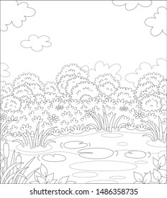 Small picturesque pond on a meadow with flowers on a pretty summer day, black and white outline vector illustration in a cartoon style for a coloring book