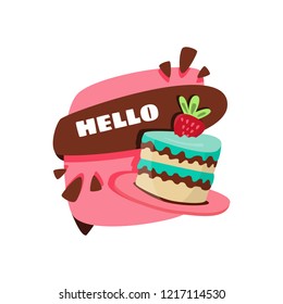 A small pie with a big strawberry. The concept of postcards or explosive discounts and promotions. Vector in cartoons.
