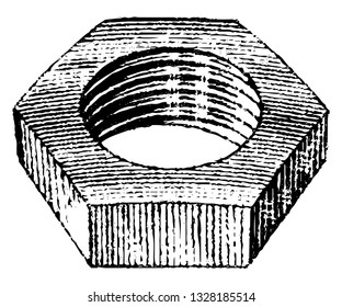 A small piece of metal hexagonal in shape, with threaded hole through it for screwing on to a nut as a fastener, vintage engraved line art illustration. Bicycle Accessories - 1900