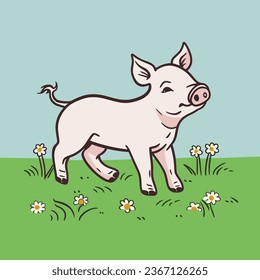 pequeño cerdo parado en el césped con margaritas