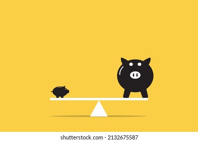 small piggy bank in side view stands on a white seesaw balanced with a large piggy bank in front view. Less is more. Efficient saving. Investments growth