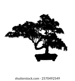 small pine tree silhouettes, silhouette of a bonsai tree in a pot - vector illustration