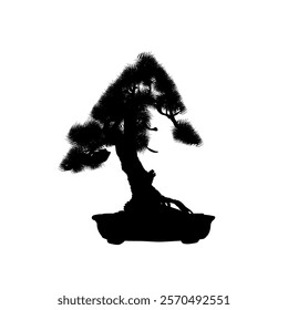 small pine tree silhouettes, silhouette of a bonsai tree in a pot - vector illustration