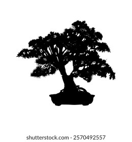 small pine tree silhouettes, silhouette of a bonsai tree in a pot - vector illustration