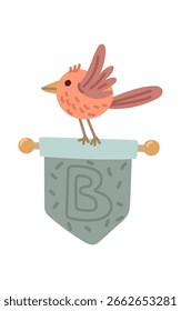 A small pink bird holds a flag. A blue flag with a letter B, a symbol of a boy. A flat, isolated color illustration. Can be used for gender parties and gender identification of babies
