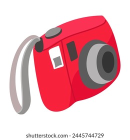 Small pink camera. Vector illustration of an instant photography camera, made in a flat style on a white background. A travel camera with small framed photos. Recreation, entertainment, impression
