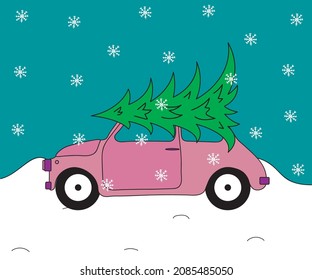 a small pink car came to the forest for a Christmas tree for Christmas and new year