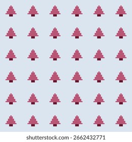 Pequeños árboles de Navidad rosados en macetas marrones profundos sobre un fondo azul pastel 