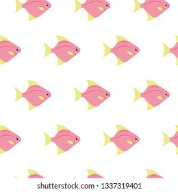 Small pink fishes on white background. Abstract vector seamless pattern in flat style