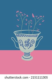 Small pink flowers in antique vase on blue background. A traditional vase drawing and vector. It can be used for patterns, printing solutions, artistic events, natural products and nature events. 