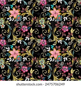 Small pink flowers combined with golden antique Louis patterns. Floral vintage style. Seamless, hand drawn on a black background for textiles, fabrics, fashion, wallpaper, gift wrap.