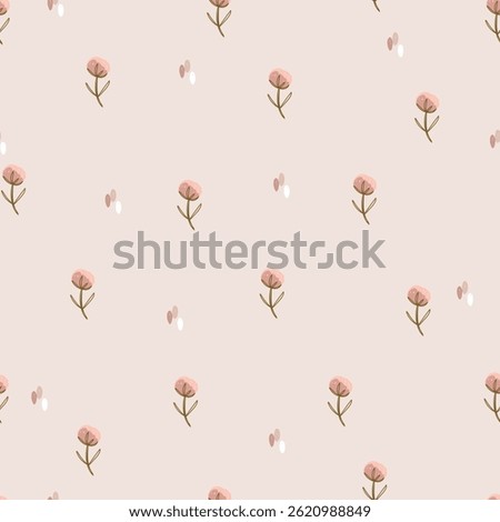 Small pink flowers with dots on pink backround, seamless pattern. Vector illustraion cute hand drawn flowers and dots. 	
