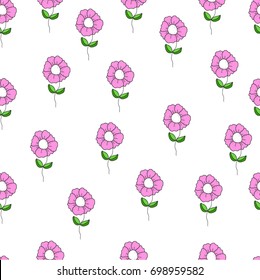 Small pink flowers with green leaves, drawn in a naive style on a white background, chamomiles, daisies, tender seamless pattern. Freehand drawing vector.