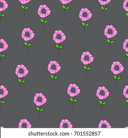 Small pink flowers with green leaves, drawn in a naive style on a  gray  background, chamomiles, daisies, tender minimalistic seamless pattern. Freehand drawing vector.
