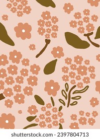 Small Pink flowers and leaves patterns on pink background for web banner, business presentation, branding package, fabric print, wallpaper, social media post, doodle, notes, book covers, wall decor.