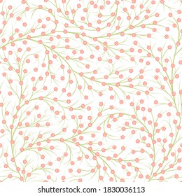 small pink flowers on branches. spring repetitive background. floral seamless pattern. vector bushes. fabric swatch. wrapping paper. continuous print. design element for home decor, textile, apparel 
