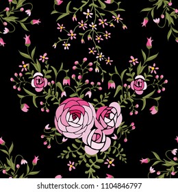 Small pink flowers seamless pattern on a black background