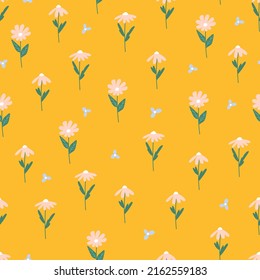 Small pink flowers seamless pattern on a yellow background. Hand drawn fabric gift wrap wall art design. Vector illustration.