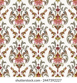 kleine rosa Blumen Mit Vintage Barock Stil Muster kombiniert mit Louis Muster. Auf hellem Hintergrund, nahtlos für Digitaldruck, Textilien, Bildschirmhintergrund.