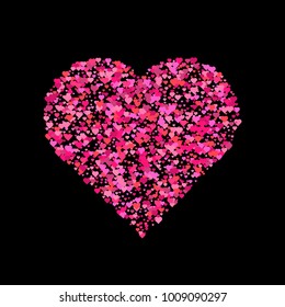 Small pink hearts creates one big. Heart shapes isolated on dark background. Love concept.  Vector illustration.