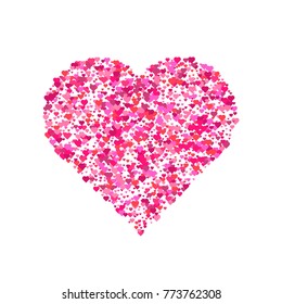 Small pink hearts creates one big. Valentines Day background. Confetti hearts petals falling. Heart shape isolated on white background. Vector illustration