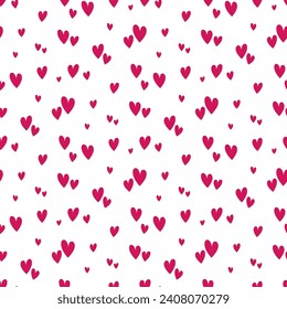 Small pink hearts isolated on a white background. Cute monochrome seamless pattern. Vector simple flat graphic illustration. Texture.