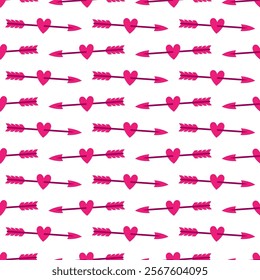 Small pink hearts pierced by archery arrow isolated on white background. Seamless pattern. Vector simple flat graphic illustration. Texture.