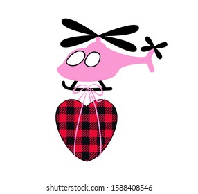 Small pink helicopter with  a  Buffalo Plaid big heart . Festive delivery. Vector illustration. Cartoon style.