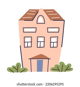 Small Pink House with Green Bush in the Yard Vector Illustration
