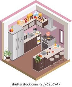 small pink kitchen with messy stock and ingridients