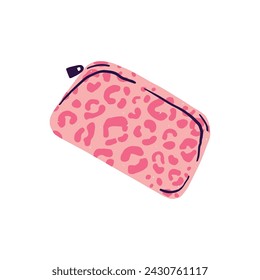 Pequeño bolso de maquillaje rosa en la cremallera. Bolsa de aseo con estampado de piel de leopardo. Caja cerrada de cosméticos de herramientas de belleza, cuidado de la piel, productos de cuidado del cuerpo. Ilustración aislada plana del vector sobre fondo blanco