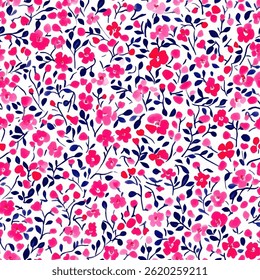 Small pink and navy floral pattern on a white background, tiny flower seamless pattern vector illustration, doodle summer, kids and baby designs for print fabric.